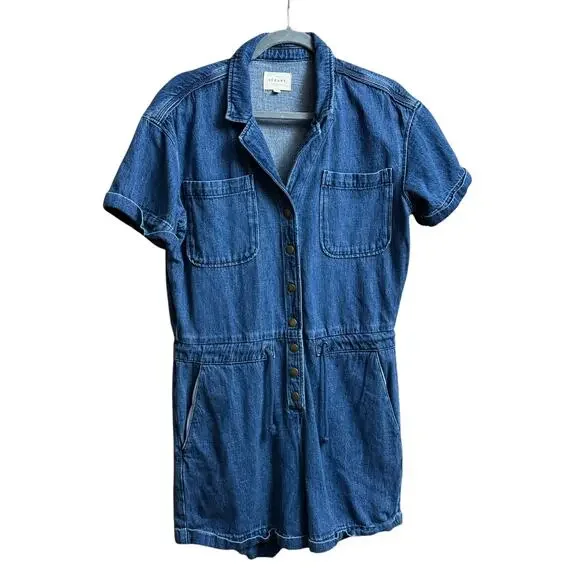 Sezane Denim Jumpsuit Romper Size 38 Organic Cotton / Hemp Fabric V-Neckline - Picture 4 of 11